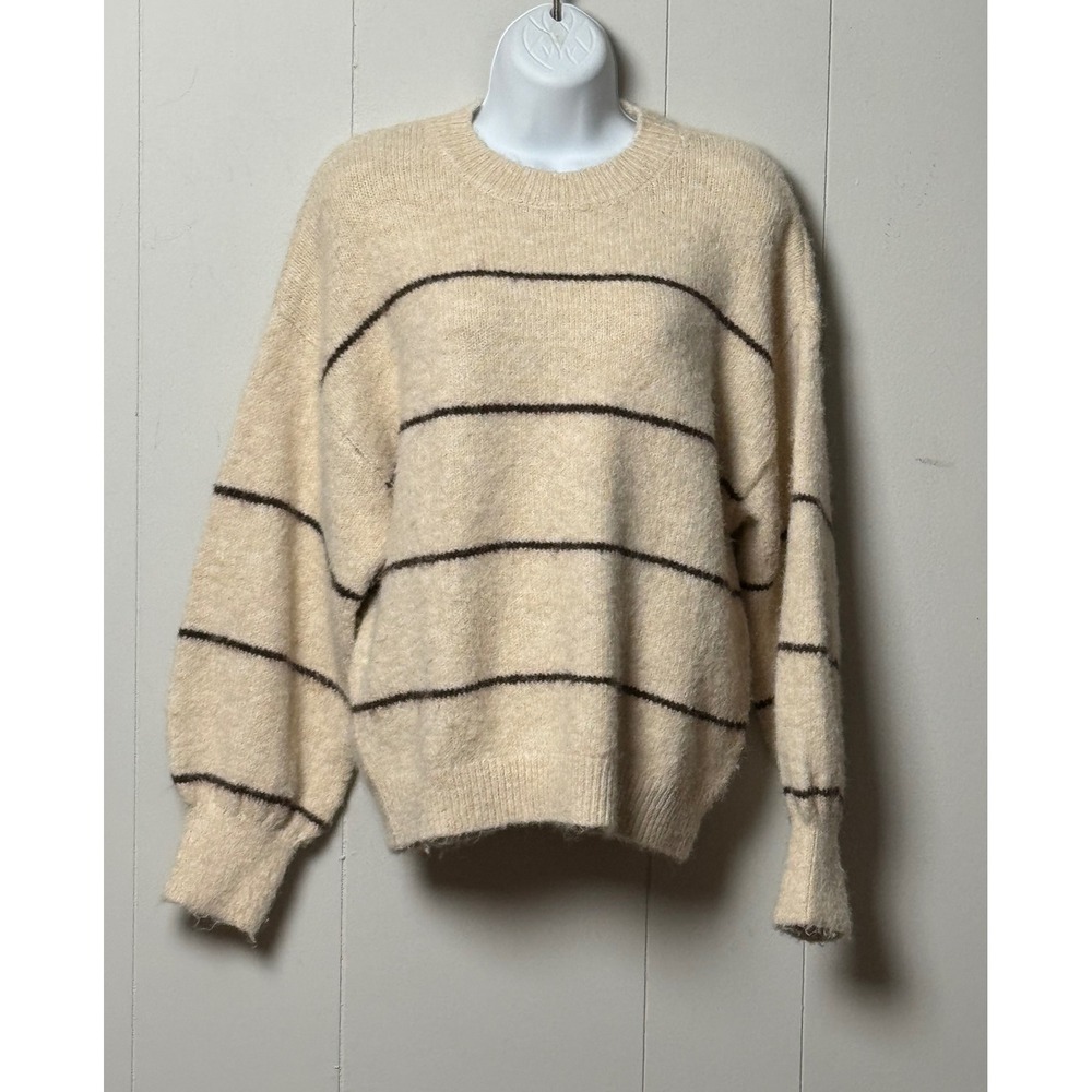 Promod Women's Cream Striped Fuzzy Knit Wool Blend Crewneck Sweaters Size Medium